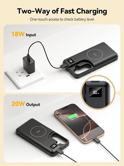 Mavulo Battery Case for Samsung Galaxy S24 6.2", 8000mAh Portable Charger with LED Display, Qi Wireless Charging, 20W USB-C Fast Charging, Sync Data & Wired Audio Supported – Black