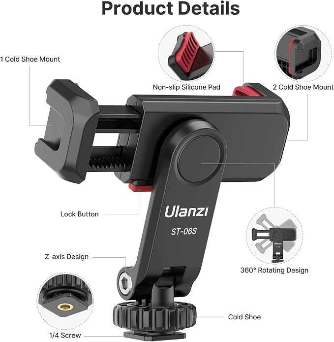 ULANZI Phone Tripod Mount ST-06S, Universal Smartphone Mount Adapter with 2 Cold Shoe, 360° Rotates Adjustable Cell Phone Clip Clamp Holder, Compatible with iPhone17/16/15, Samsung Galaxy Smartphones