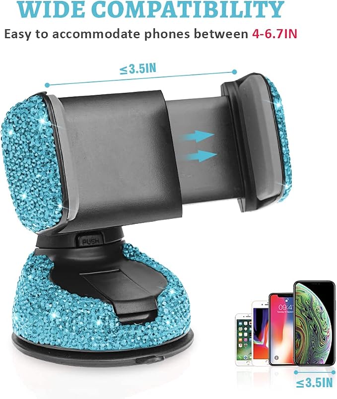 eing Car Phone Mount Cell Phone Holder with One More Air Vent Base,Bling Crystal Universal Phone Mount Holder Cradle for Dashboard,Windshield and Air Vent,Blue