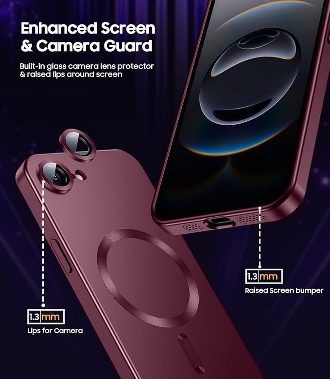 Magnetic for iPhone 16e / 17e Case [Compatible with MagSafe][Built-in Camera Lens Protector] Slim Soft Silicone Bumper Shockproof Metallic Luster Phone Case (Burgundy)