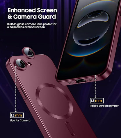 Magnetic for iPhone 16e / 17e Case [Compatible with MagSafe][Built-in Camera Lens Protector] Slim Soft Silicone Bumper Shockproof Metallic Luster Phone Case (Burgundy)
