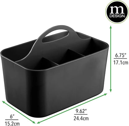 mDesign Small Plastic Shower/Bath Storage Organizer Caddy Tote with Handle for Dorm, Shelf, Cabinet - Hold Soap, Shampoo, Conditioner, Combs, Brushes, Lumiere Collection, Black