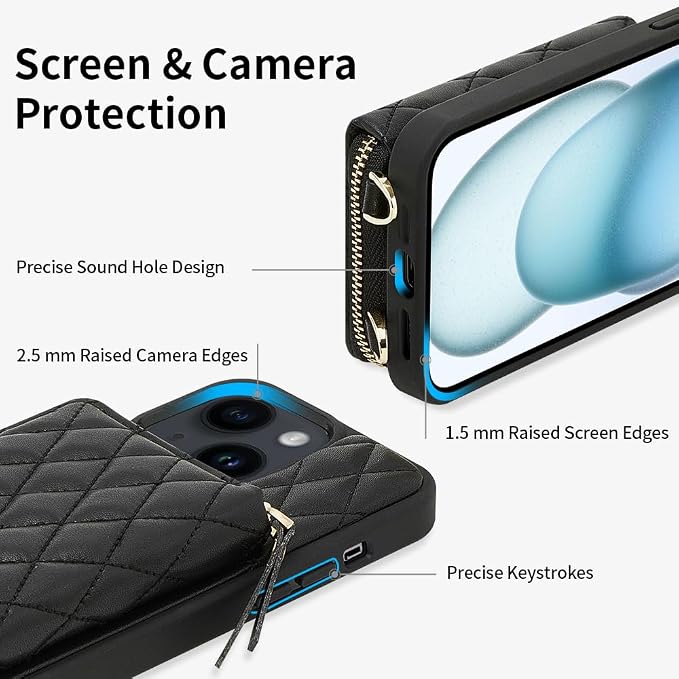 LAMEEKU for iPhone 15 Wallet Case, Crossbody RFID Blocking Card Holder Case, Quilted Leather Zipper Pouch, Wrist Strap Lanyard Chain Handbag Purse Cover Gift for Women for Apple iPhone 15 6.1" Black
