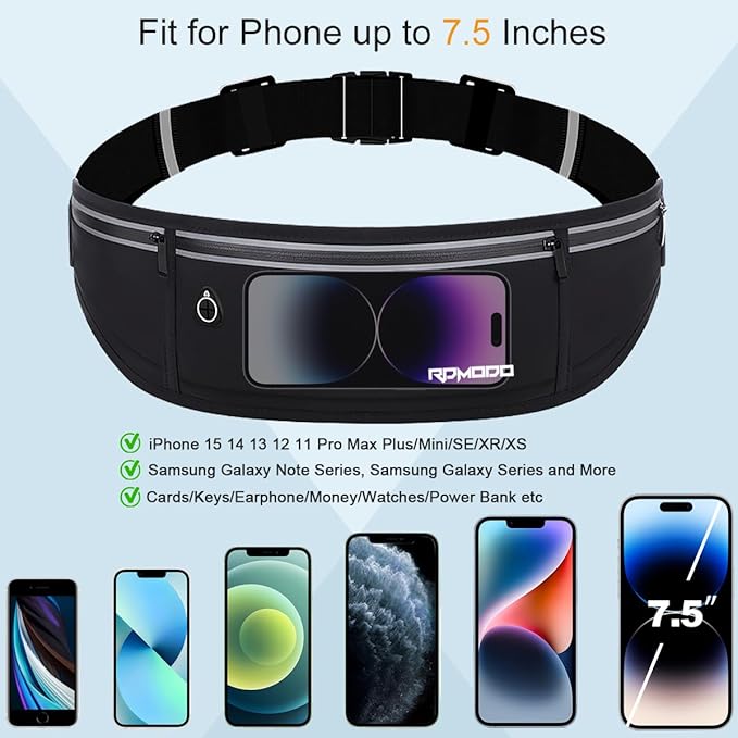 Water Resistant Fanny Packs for Women, Slim Running Belt for Men, Phone Holder for Running Walking Outdoor, 3 Pockets Adjustable Running Waist Pack for iPhone 16 15 14 Samsung Black (2 Pack)