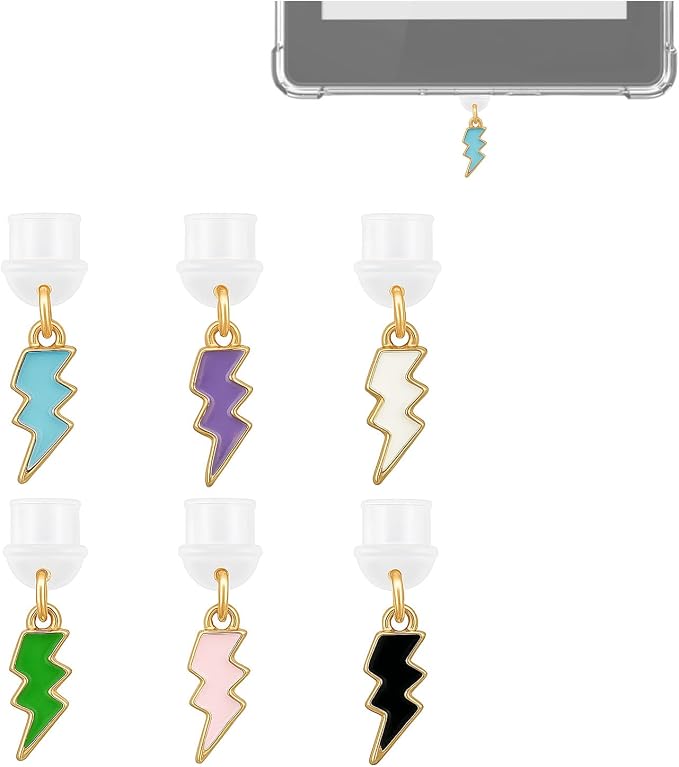 6Pcs Lightning Bolt Dust Plug Charms for Type-C Devices | Phone Charms & e-Reader Accessories, USB-C Port Protector (Alloy Enamel)