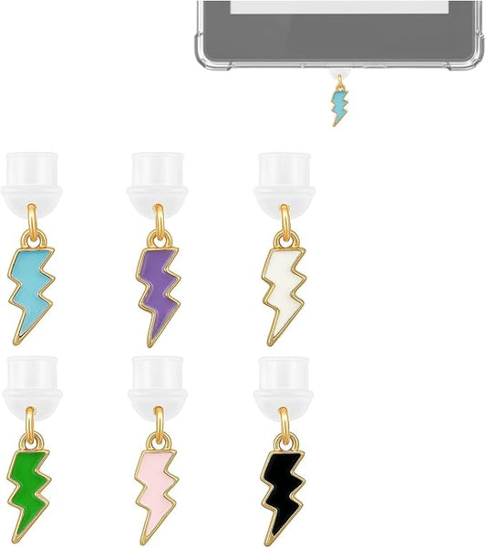 6Pcs Lightning Bolt Dust Plug Charms for Type-C Devices | Phone Charms & e-Reader Accessories, USB-C Port Protector (Alloy Enamel)
