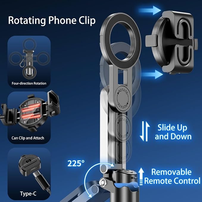 Magnetic Pocket Selfie Stick for iPhone, 4-in-1 Multifunctional Rotation Selfie Stick with Rechargeable Remote Control Compatible with iOS/Android for Live Streaming Outdoor Travel Shooting