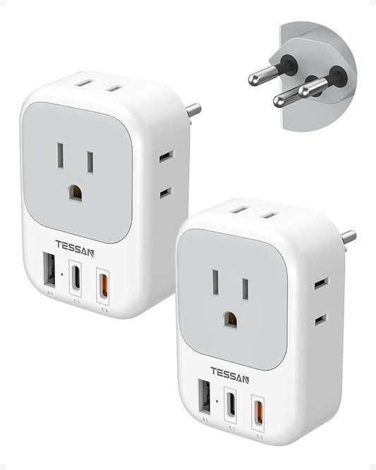 TESSAN Switzerland Travel Plug Adapter PD 20W, 2 Pack Type J Switzerland Power Adapter with 4 Outlets 3 USB (2 USB-C), Swiss Plug for US to Rwanda Jordan Liechtenstein Madagascar, Travel Essentials
