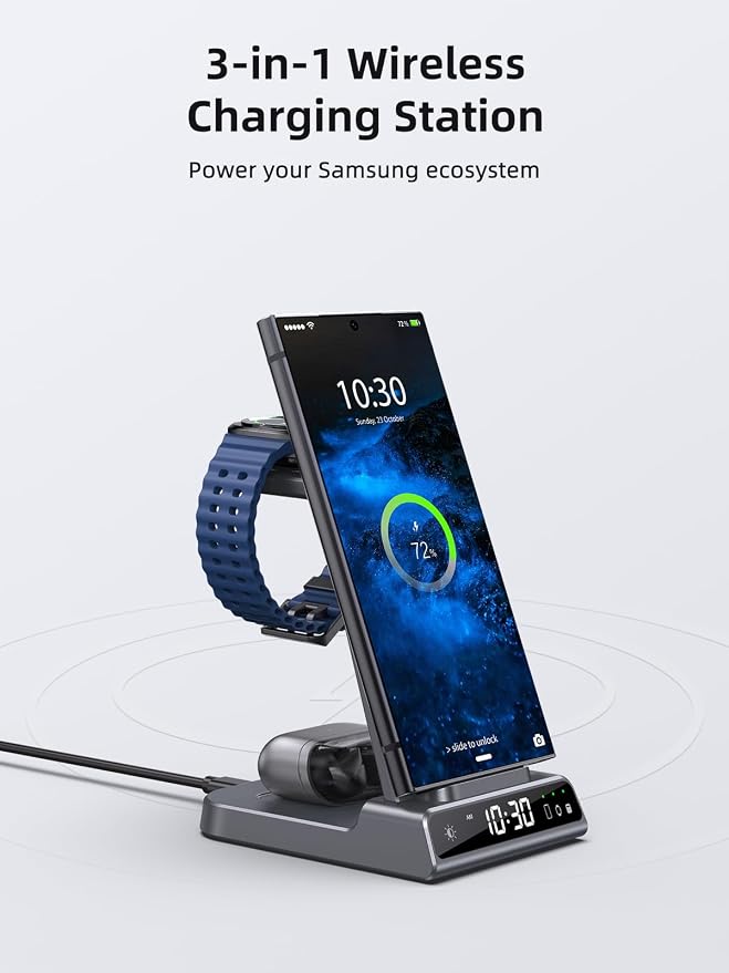 Wireless Charger Samsung Charging Station: 3 in 1 Android Charging Stand with Dimmable Clock - Nightstand Organizer for Galaxy S25 Ultra S24, Galaxy Watch 8 7 6 5 4, Galaxy Buds, Space-Saving Charger