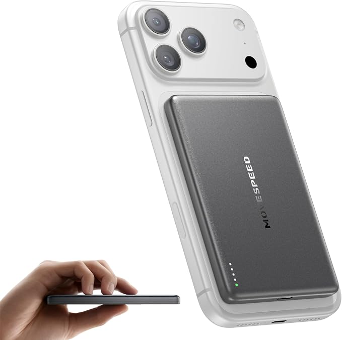 MOVE SPEED 0.3'' Ultra Slim MagSafe Portable Charger, 5,000mAh Battery Pack, Magnetic Power Bank with USB C Cable,Alloy Wireless Charger for iPhone 17 Pro Max/17 Air/16/15/14/13/12, Starry Gray