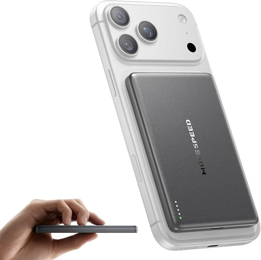 MOVE SPEED 0.3'' Ultra Slim MagSafe Portable Charger, 5,000mAh Battery Pack, Magnetic Power Bank with USB C Cable,Alloy Wireless Charger for iPhone 17 Pro Max/17 Air/16/15/14/13/12, Starry Gray
