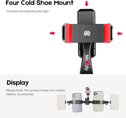 Manbily Phone Tripod Mount Adapter, 360° Rotatable Dual Cell Phone Holder Clip, Adjustable Clamp with 4 Cold Shoe, for Tripod Monopod Selfie Stick Vlog Live Streaming Video Recording