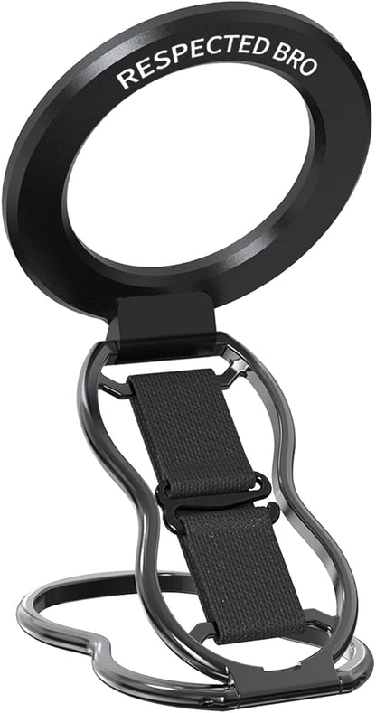 RESPECTED-BRO-Magnetic-Phone-Grip-Stand-with-Finger-Strap, 4-in-1 Magnetic Ring Holder, Kickstand and Elastic Strap for Phones, Universal Fit for iPhone 17/16/15/14/13/12, Android, and Cases (Black)