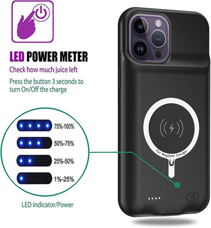 Wireless Charging Case for iPhone 14 Pro Max, 12000mAh High Capacity Portable Rechargeable Battery Case Qi Wireless Charging with iPhone 14 Pro Max (6.7 inch) Extended Battery Charger Cover (Black)