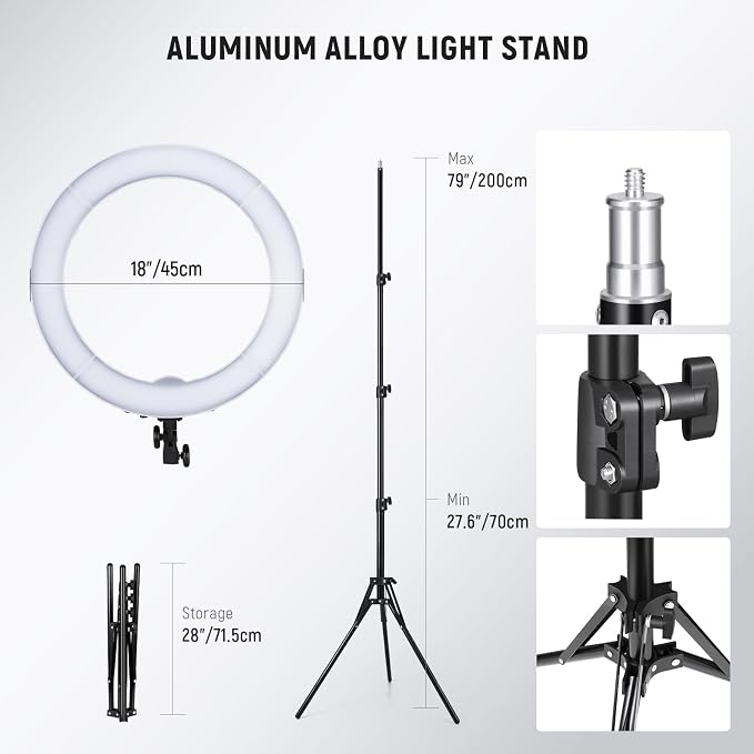 NEEWER 55W 18"/45cm Ring Light Kit [New Version], 5600K Dimmable LED Ringlight Tripod Stand Phone Holder for iPhone Selfie Makeup Lash Tattoo Studio Photo Video Recording Photography Lighting, RL-18