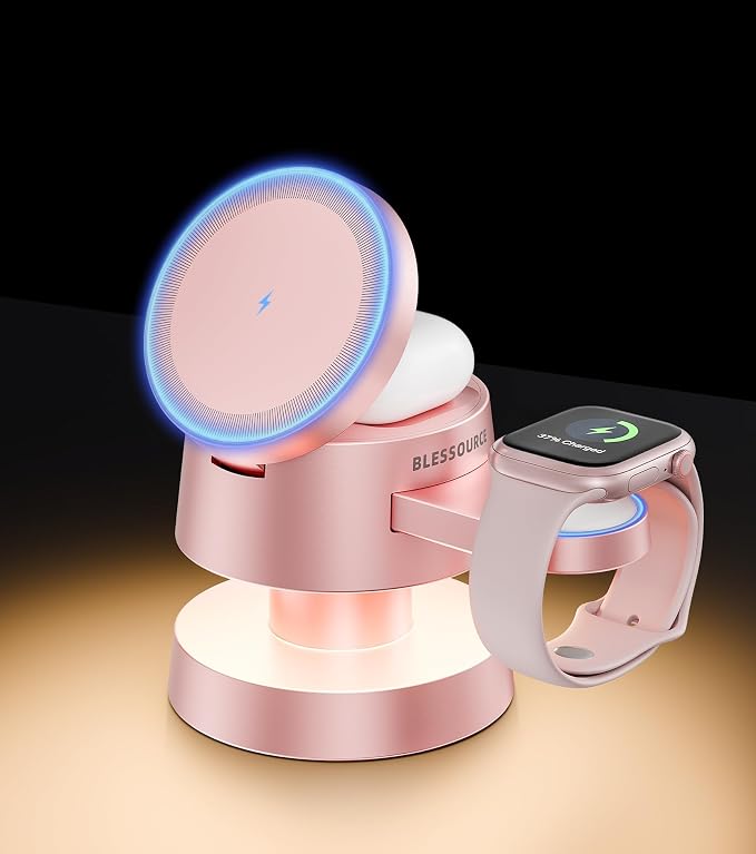 4-in-1 Magnetic Wireless Charging Station for iPhone 17/16/15/14 Pro Max, with Night Light Wireless Charging Station Fast Charging for Apple Watch, Earphones & Multiple Devices