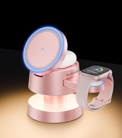 4-in-1 Magnetic Wireless Charging Station for iPhone 17/16/15/14 Pro Max, with Night Light Wireless Charging Station Fast Charging for Apple Watch, Earphones & Multiple Devices