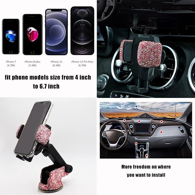 Bling Car Phone Mount Holder,Shiny Crystal Rhinestone Phone Stand for Women and Girls, Car Accessories for Windshield, Compatible with Most Cellphones (Pink)