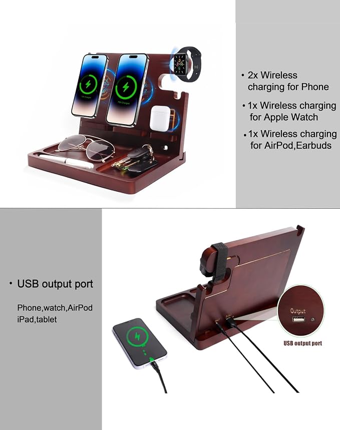 Nightstand Organizer with Dual Phone Wireless Charging Station for 2 iPhone,Apple Watch and Airpods,Bamboo Phone Docking Station,Gifts for Men Dad Husband