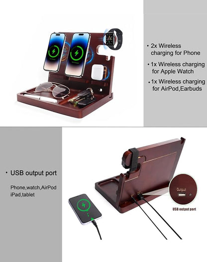 Nightstand Organizer with Dual Phone Wireless Charging Station for 2 iPhone,Apple Watch and Airpods,Bamboo Phone Docking Station,Gifts for Men Dad Husband