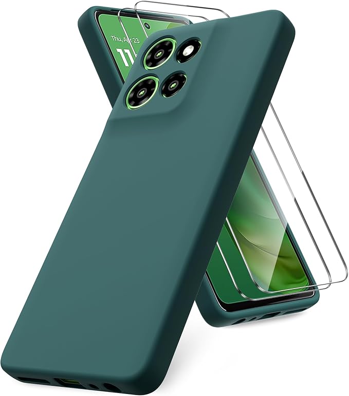 Case for Motorola Moto G Power (2025), 2 Pack Tempered Glass Screen Protectors, Soft TPU Silicone Shockproof Case-Midnight Green