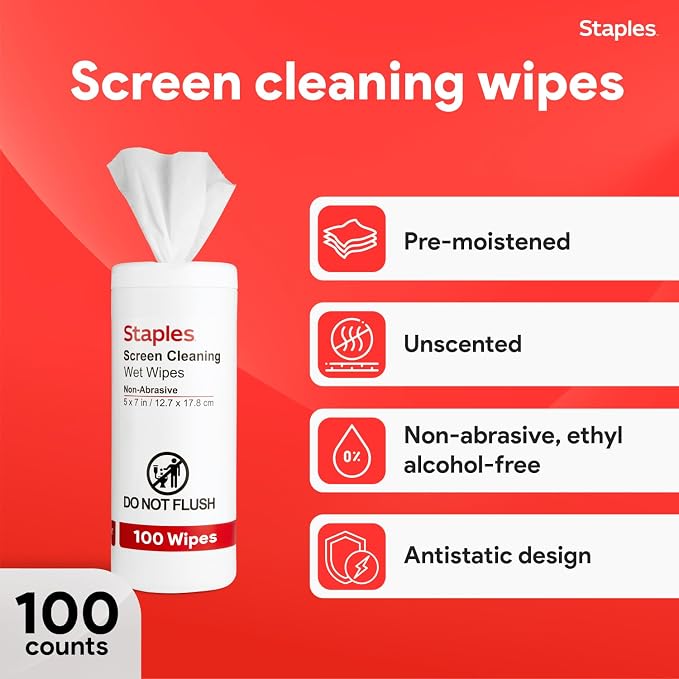 Staples Screen Cleaning Wipes – 100‑Count Tub for Monitors, Laptops, Phones & Electronics