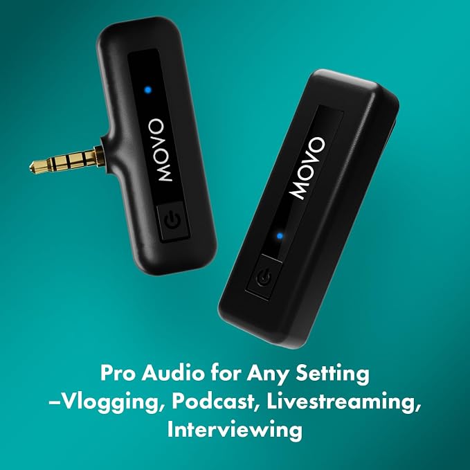 Movo Wireless Mini Camera Microphone for Video Recording- 2.4Ghz Wireless Transmitter with Clip on Lavalier Microphone for DSLR, Mirrorless Camera- Compact Lapel Mic (164FT Range, 10-Hr Battery Life)