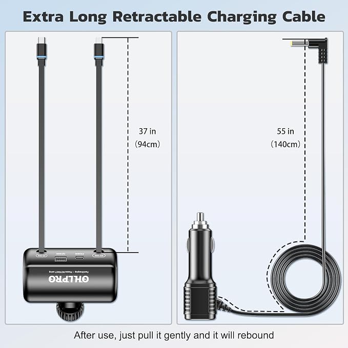 OHLPRO Car Back Seat Charger with Retractable Cables, Headrest Mount Phone Tablet Charger with USB-C PD30W & iOS PD20W Wires, 4-Port Adapter for Taxi Rideshare, with Cigarette Lighter Plug