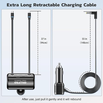 OHLPRO Car Back Seat Charger with Retractable Cables, Headrest Mount Phone Tablet Charger with USB-C PD30W & iOS PD20W Wires, 4-Port Adapter for Taxi Rideshare, with Cigarette Lighter Plug