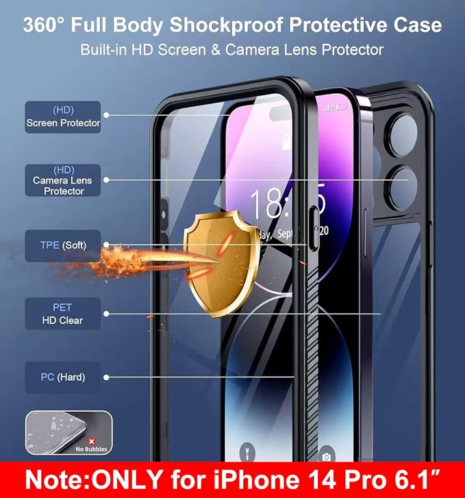 SPIDERCASE Only Designed for iPhone 14 Pro Case Waterproof,Built-in Lens & Screen Protector, Full Heavy Duty Protection,12FT Military Shockproof, Dustproof, Anti-Scratched Phone Case,Black/Clear