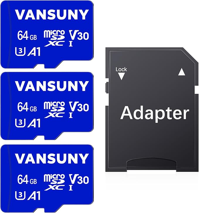Vansuny Micro SD Card 64GB 3 Pack microSDXC Memory Card with SD Adapter A1 App Performance V30 4K Video Recording C10 U3 Micro SD for Phone, Security Camera, Dash Cam, Action Camera
