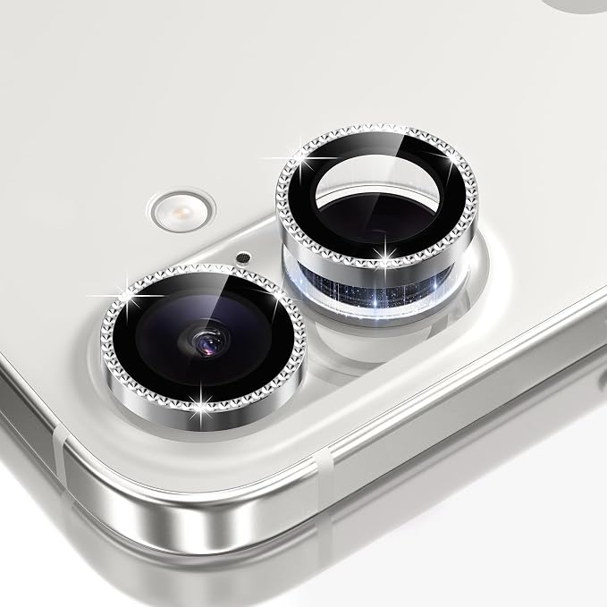 GolbinBox Camera Lens Protector for iPhone 17/16/16 Plus, 1:1 Invisible Fit, 9H Tempered Glass Ultra HD Metal Individual Camera Cover for Women, Case Friendly, Bling/Silver