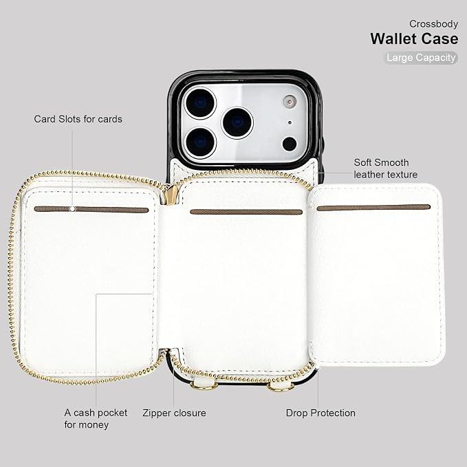 Bocasal Crossbody Wallet Case for iPhone 17 Pro, RFID Blocking PU Leather Zipper Handbag Purse Flip Cover, Kickstand Folio Case with Card Slots Holder Wrist Strap Lanyard 5G 6.3 Inch (White)