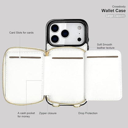 Bocasal Crossbody Wallet Case for iPhone 17 Pro, RFID Blocking PU Leather Zipper Handbag Purse Flip Cover, Kickstand Folio Case with Card Slots Holder Wrist Strap Lanyard 5G 6.3 Inch (White)
