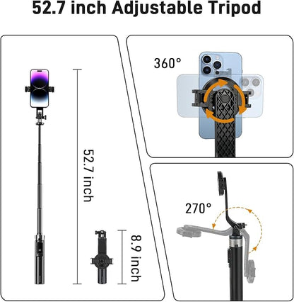 WOVTE Magnetic Selfie Stick Tripod with 2 LED Lights, 52" Tripod for iPhone with Rechargeable Remote, Portable Selfie Stick Compatible with iPhone 16/15/14/13/12 Series, Gopro and Cameras