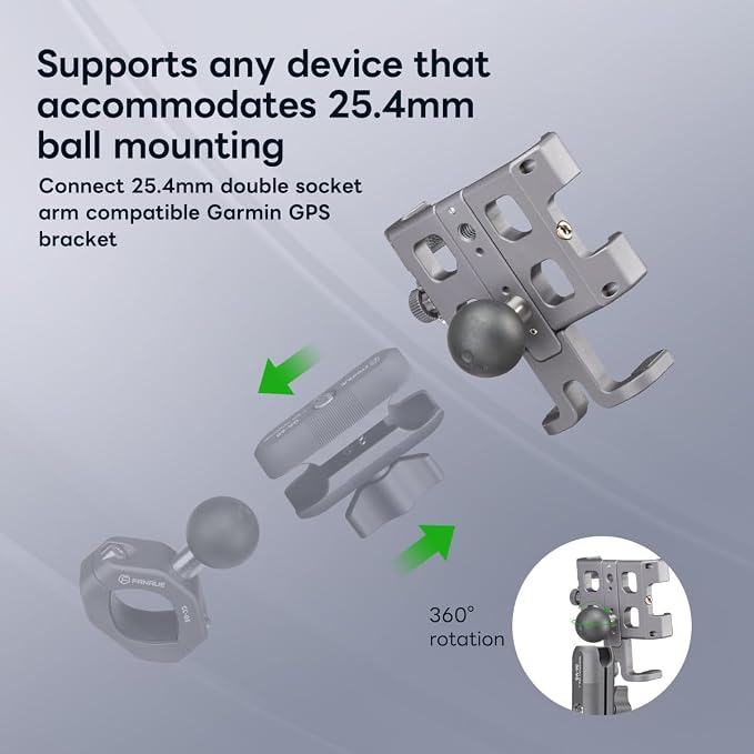FANAUE Motorcycle Phone Mount, Aluminum Alloy Bike Handlebar Cell Phone Holder Compatible with 1 inch RAM Ball Mounts and Scooter UTV/ATV, Bicycle Phone Mount for iPhone 5.5-7" Smartphone