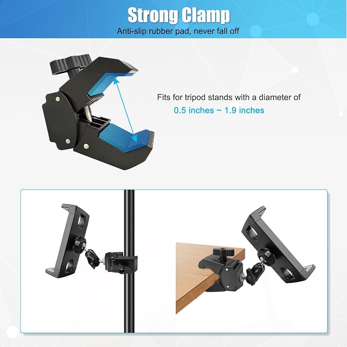 Mic Stand Tablet Holder, 360° Swivel iPad Mic Stand Holder Phone iPad Holder for Mic Stand/ Treadmill/ Spin Bike/ Peloton Exercise Bike Handlebar Mount, Fits 4-12.9" iPad, iPhone, Android Smartphones