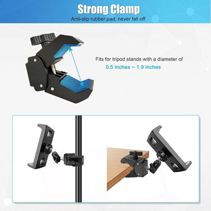 Mic Stand Tablet Holder, 360° Swivel iPad Mic Stand Holder Phone iPad Holder for Mic Stand/ Treadmill/ Spin Bike/ Peloton Exercise Bike Handlebar Mount, Fits 4-12.9" iPad, iPhone, Android Smartphones
