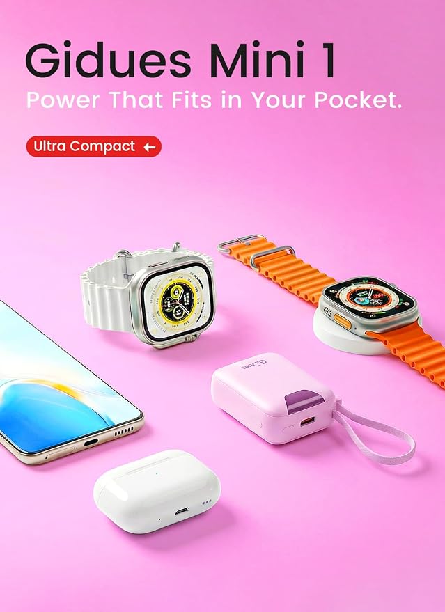 M1 Mini Portable Charger, 10000mAh Ultra-Compact Power Bank, 22.5W PD Fast Charging, Tpye-C Built-in Cable, Small External Battery Pack for iPhone, Samsung, Android iPad (Pink)