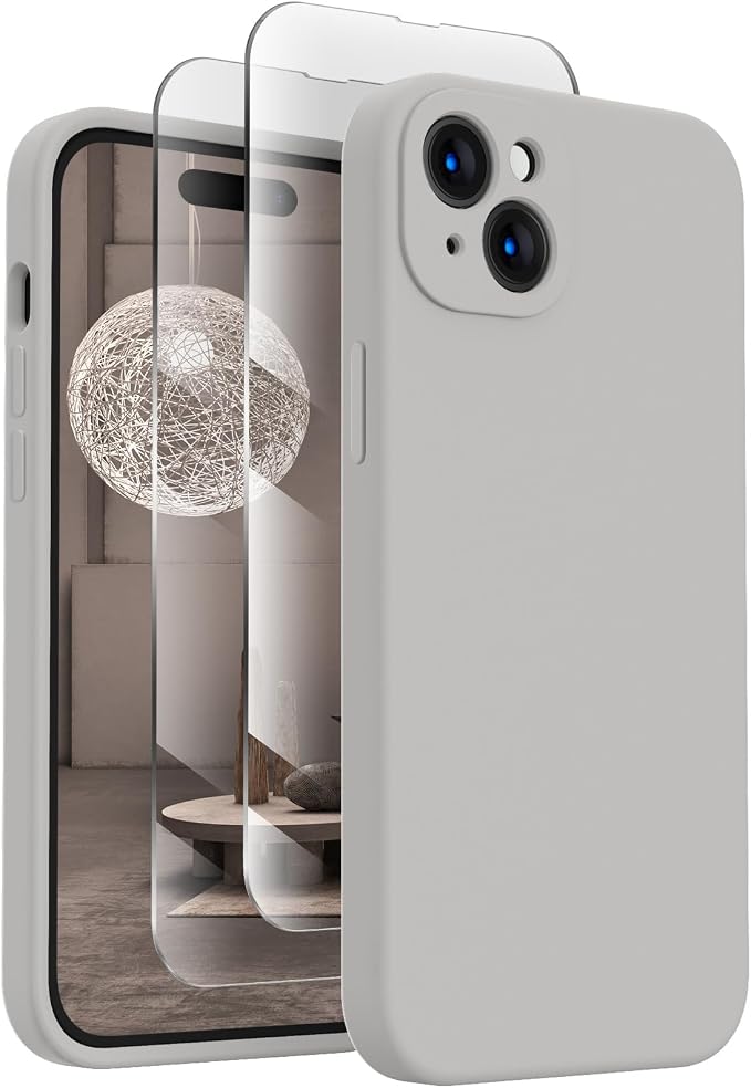 FireNova Designed for iPhone 15 Case, Silicone Upgraded [Camera Protection] Phone Case with [2 Screen Protectors], Soft Anti-Scratch Microfiber Lining Inside, 6.1 inch, Natural Titanium