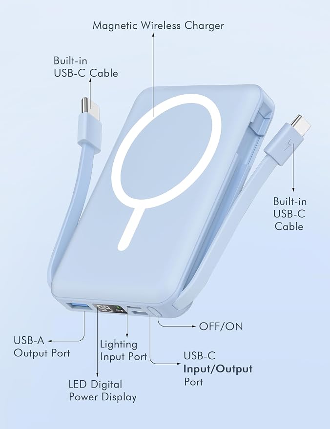 podoru for Magsafe Battery Pack, 10000mAh Magnetic Power Bank Built-in Double USB C Cables 20W PD Fast Charging LED Display Wireless Portable Charger for iPhone 17/16/15/14/13/12 Series-Sierra Blue