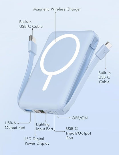podoru for Magsafe Battery Pack, 10000mAh Magnetic Power Bank Built-in Double USB C Cables 20W PD Fast Charging LED Display Wireless Portable Charger for iPhone 17/16/15/14/13/12 Series-Sierra Blue
