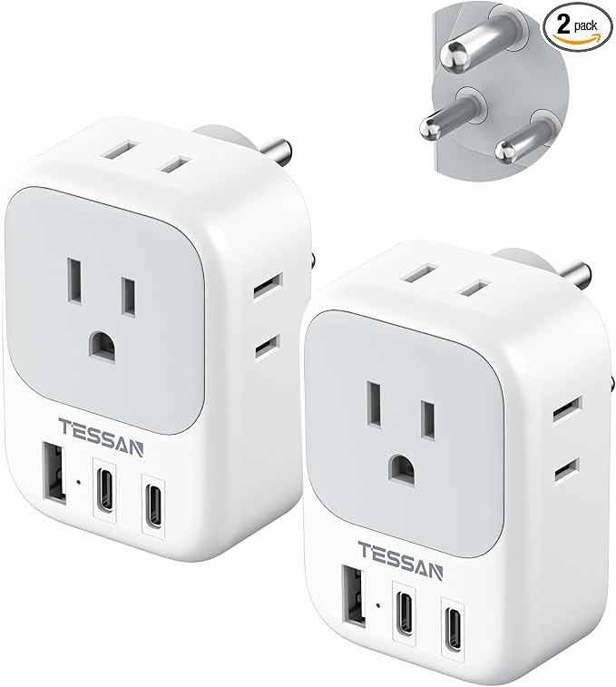 TESSAN Type D Travel Adapter 2 Pack US to India Plug Adapter | 4 Outlets 3 USB (2 USB-C), For India Nepal Maldives Pakistan Bangladesh Sri Lanka Bhutan Yemen