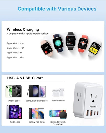 Universal Travel Adapter Kit for Apple Watch Charger, VINTAR International Power Adapter with 3 AC Outlets 4 USB Ports (2 USB C), Type A/B/C/D/G/I/M Detachable Plugs, US to Europe/UK/India/Africa