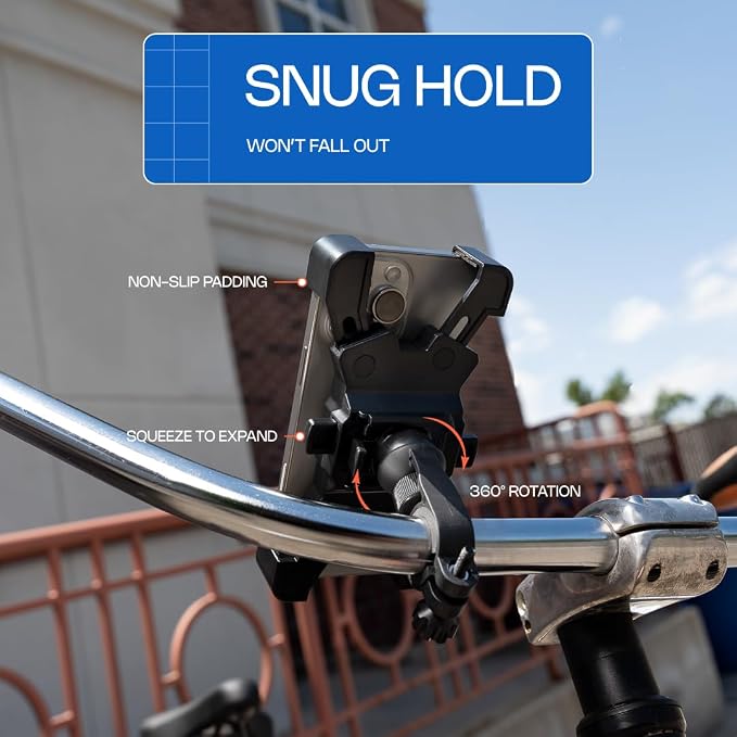 ANGORA BRANDS Bike Phone Holder for Handlebars – Secure & Adjustable Bicycle Phone Mount, 360° Rotation, Shockproof Anti-Slip Grip, Universal Fit for iPhone & Android