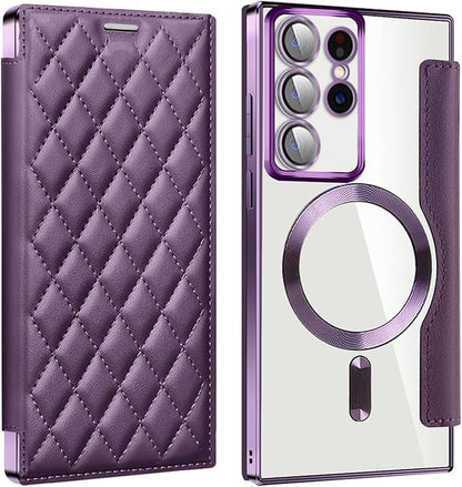 Leather Case for Samsung Galaxy S25 Ultra/S25 Plus/S25, RFID Blocking Flip Case Wireless Charging Magnetic with Card Holder Phone Cover (Silver,S25 Ultra)