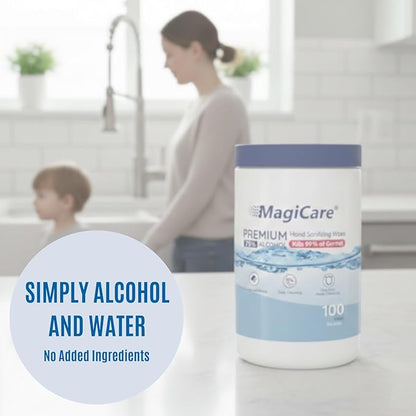 MagiCare 75% Large Alcohol Wipes (2 Canisters) - Alcohol Hand Sanitizing Wipes, Unscented - Premium Hand Wipe, Sanitizer Wipe - Home, Classroom, Cleaning, Camping - 2, 100ct Canisters (200pcs)