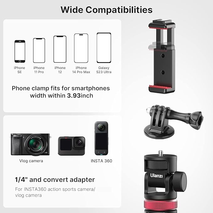 ULANZI MT-71 57.48 inch Extendable Selfie Stick, Phone Tripod for Go P-r-o w Smartphone Clamp Extension Pole, Compatible with DJI OSMO 360/OSMO Pocket 3/Insta 360 x 5/Xtra/Sony/Canon/Nikon/Cameras