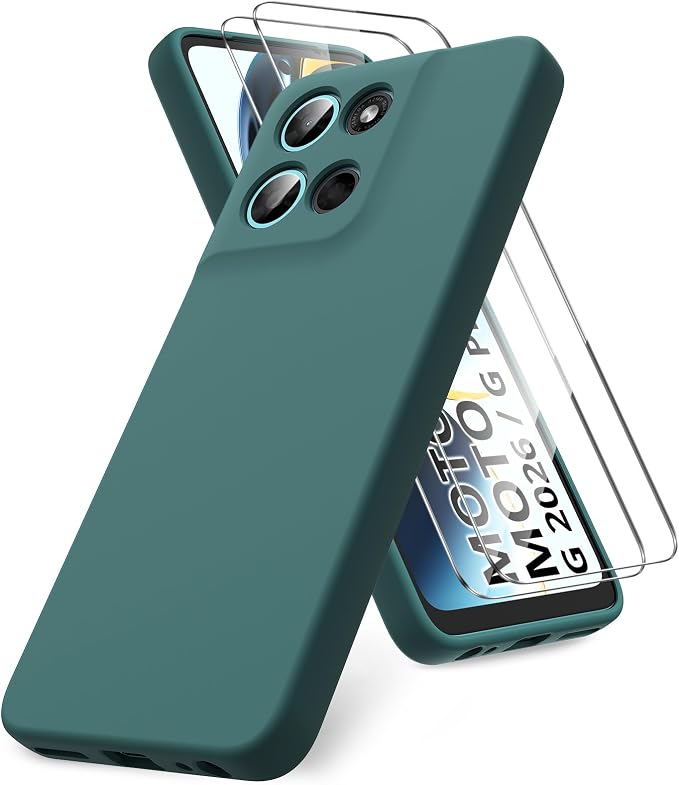 for Motorola Moto G 2026/G Play 2026 Case, 2 Pack Tempered Glass Screen Protectors, Soft TPU Liquid Silicone Shockproof Gel Cover-Midnight Green