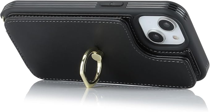 Lipvina for iPhone 13 Case with Card Holder and Strap - Women's Crossbody Lanyard,RFID Blocking, Ring Stand,Snap Clasp, RFID Blocking Phone Wallet Case 6.1 inch (Black)